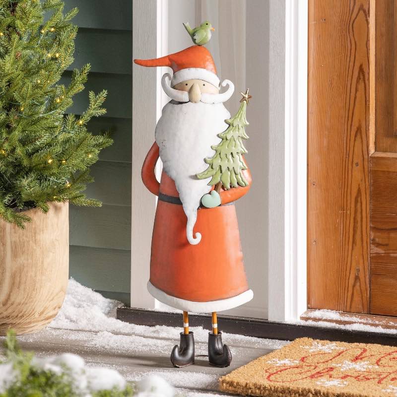 Indoor/Outdoor Metal Santa Statue with Bird and Tree