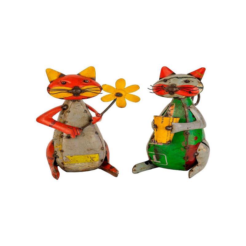 Recycled Iron Colorful Cat Gardening Statues, Set of 2