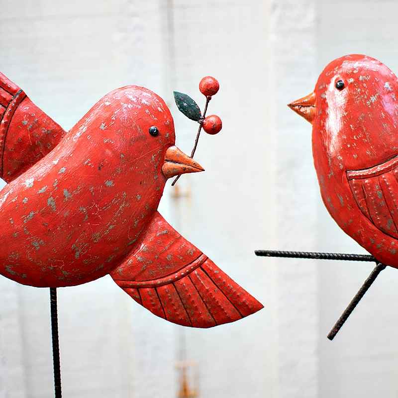 Hand-Hammered Metal Red Bird Garden Stakes, Set of 2