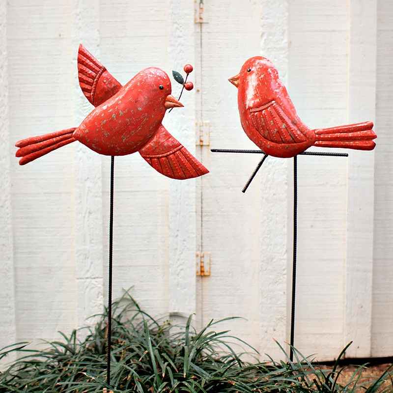 Hand-Hammered Metal Red Bird Garden Stakes, Set of 2