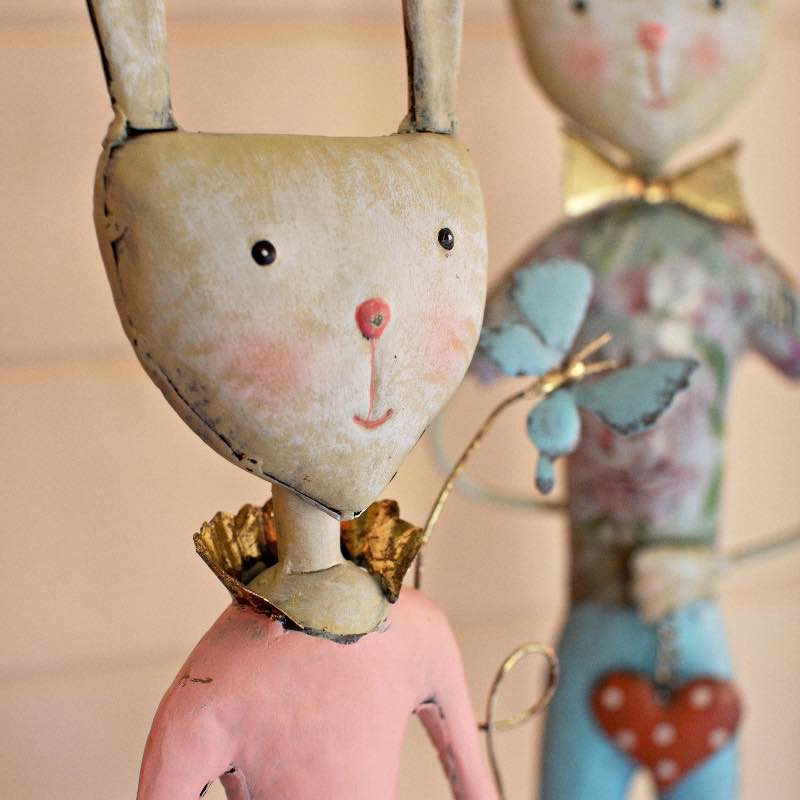 Painted Metal Boy and Girl Bunny Statues, Set of 2