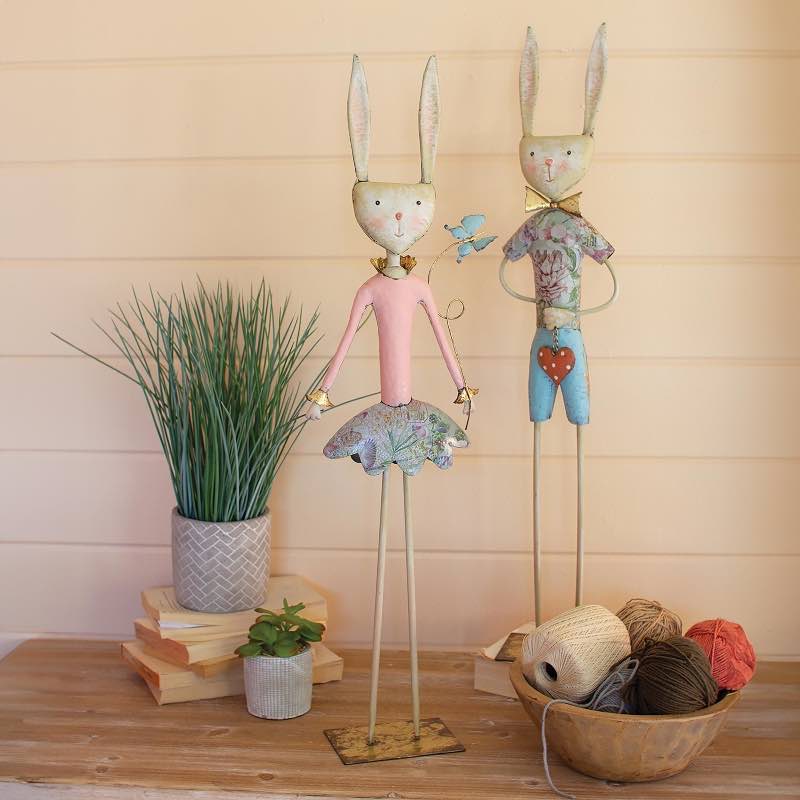 Painted Metal Boy and Girl Bunny Statues, Set of 2