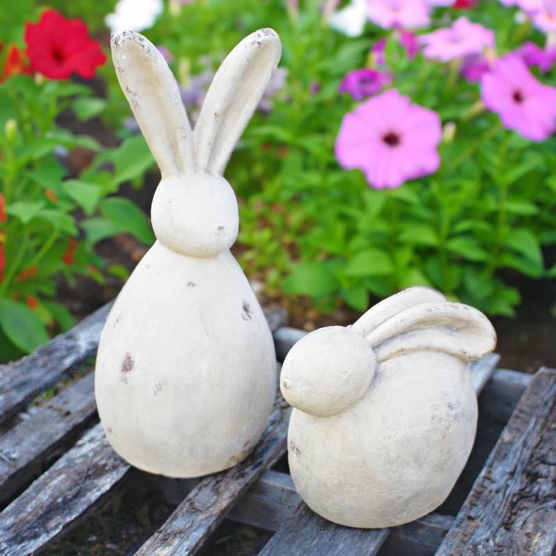 Faux Stone White Rabbit Sculptures, Set of 2