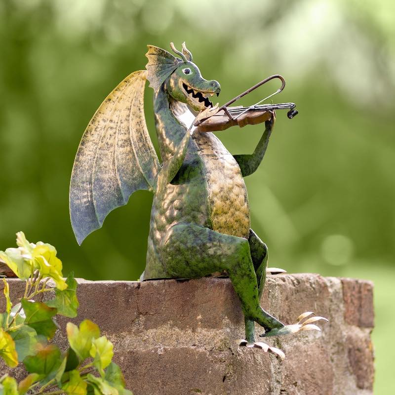 Metal Dragon Playing Violin Sculpture