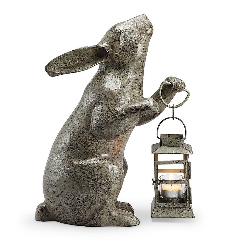 Handcrafted Metal Bunny with Lantern Statue