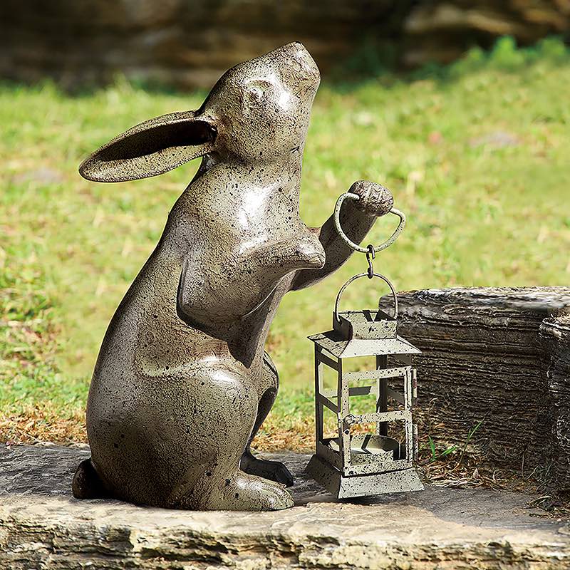 Handcrafted Metal Bunny with Lantern Statue