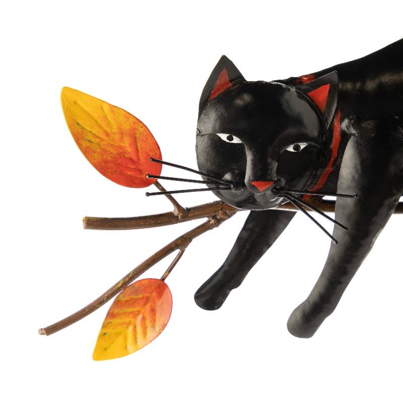 Handcrafted Black Cat and Fall Leaves Garden Stake - Resting