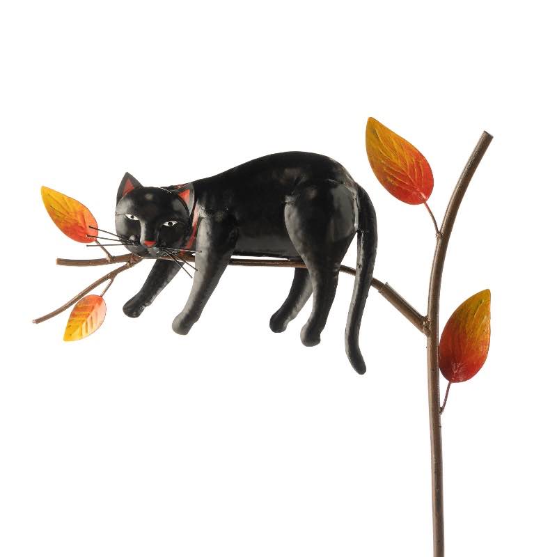 Handcrafted Black Cat and Fall Leaves Garden Stake - Resting