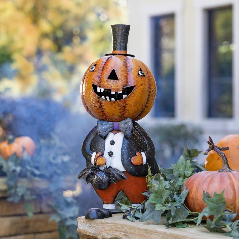 Handcrafted Dapper Halloween Pumpkin Guy Metal Statue