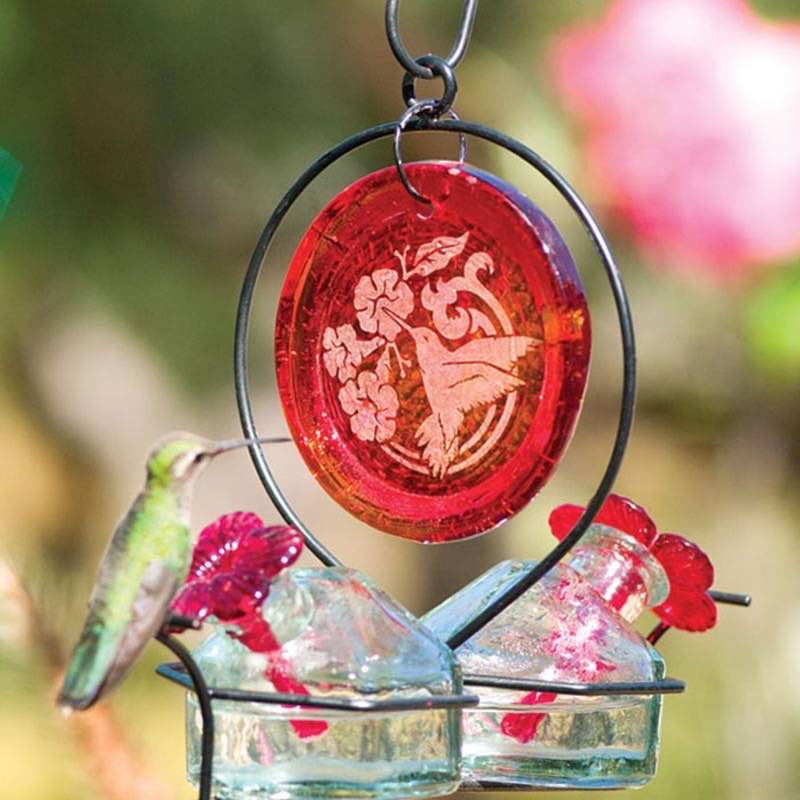 Red Medallion Glass Hummingbird Feeder