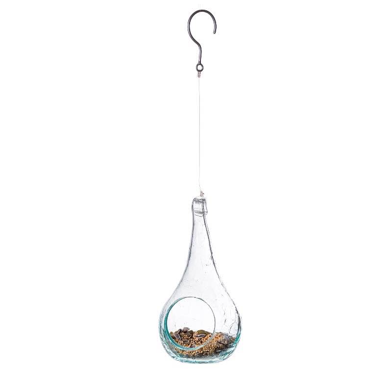 Handcrafted Small Glass Bird Feeder with Hanging Wire and Hook