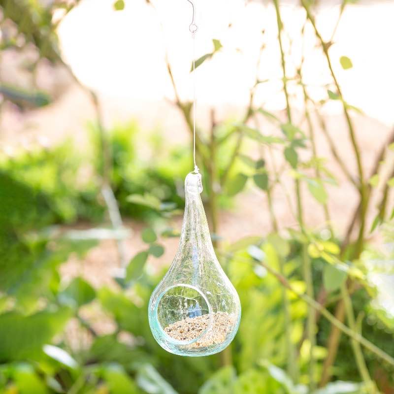 Handcrafted Small Glass Bird Feeder with Hanging Wire and Hook