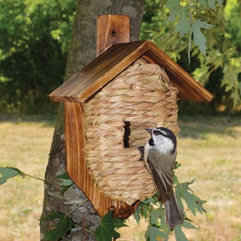 Post-Mounted Natural Grass Roosting Pocket Birdhouse