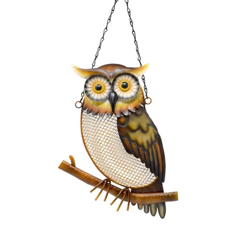 Colorful Hanging Metal Mesh Owl on a Branch Bird Feeder