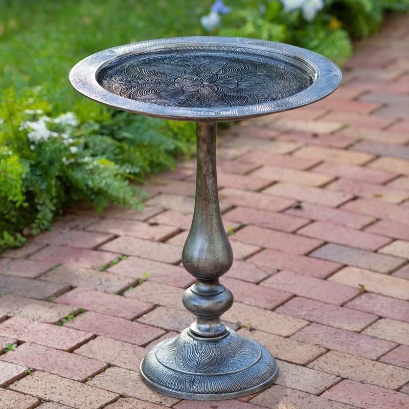 Elegant Aluminum Birdbath with Etched Floral Design