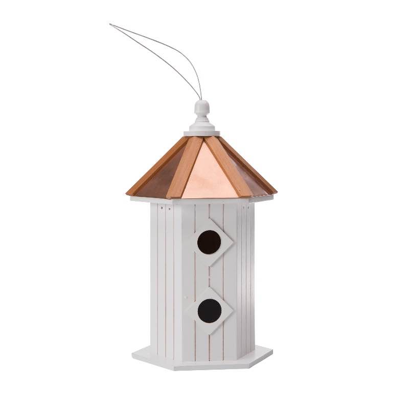 Skyler White Wood Birdhouse with Real Copper Roof with Cedar Trim