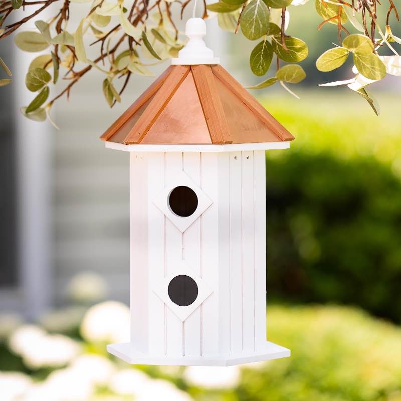 Skyler White Wood Birdhouse with Real Copper Roof with Cedar Trim