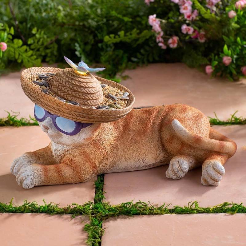 Cat in Sunglasses and Sombrero Bird Feeder with Solar Lighted Butterfly