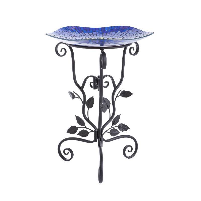 Blue & Yellow Mosaic Bird Bath with Metal Leaf Stand