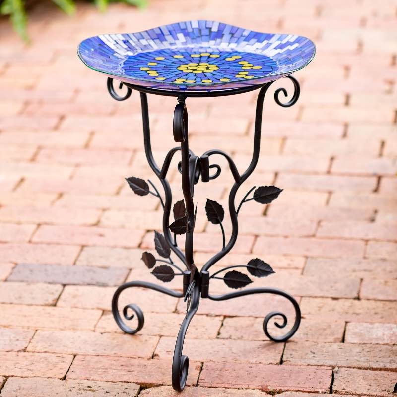 Blue & Yellow Mosaic Bird Bath with Metal Leaf Stand