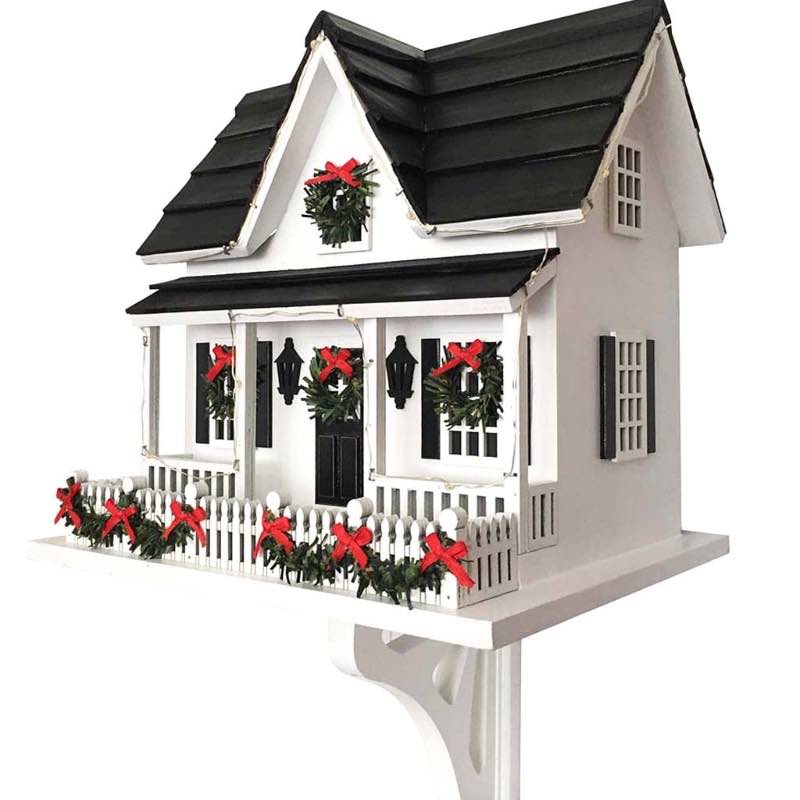 Lighted Holiday Colonial Cottage Birdhouse with Wreaths and Garland