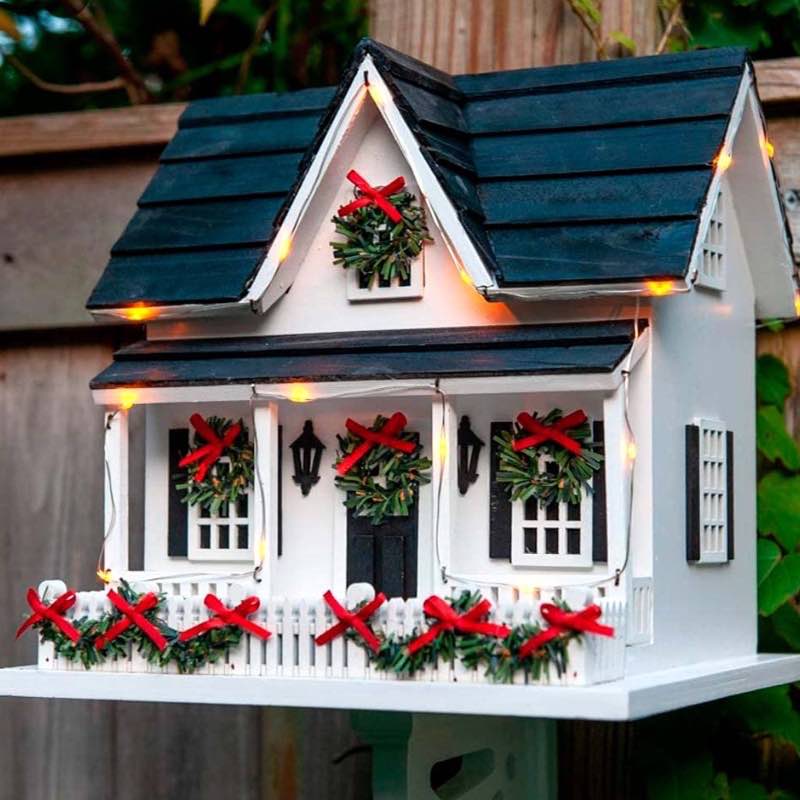 Lighted Holiday Colonial Cottage Birdhouse with Wreaths and Garland