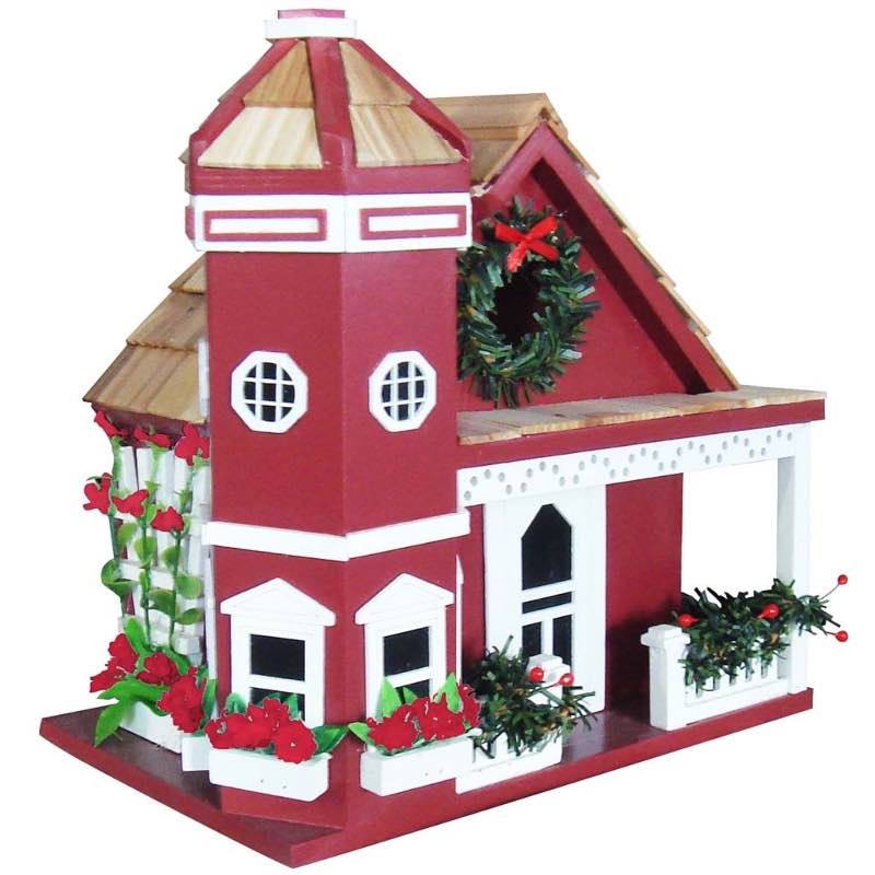 Red Yuletide Cottage Victorian Style Birdhouse