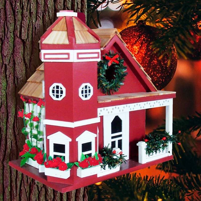 Red Yuletide Cottage Victorian Style Birdhouse