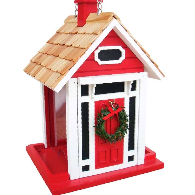 Red Christmas Cottage Hanging Bird Feeder with Brass Chain