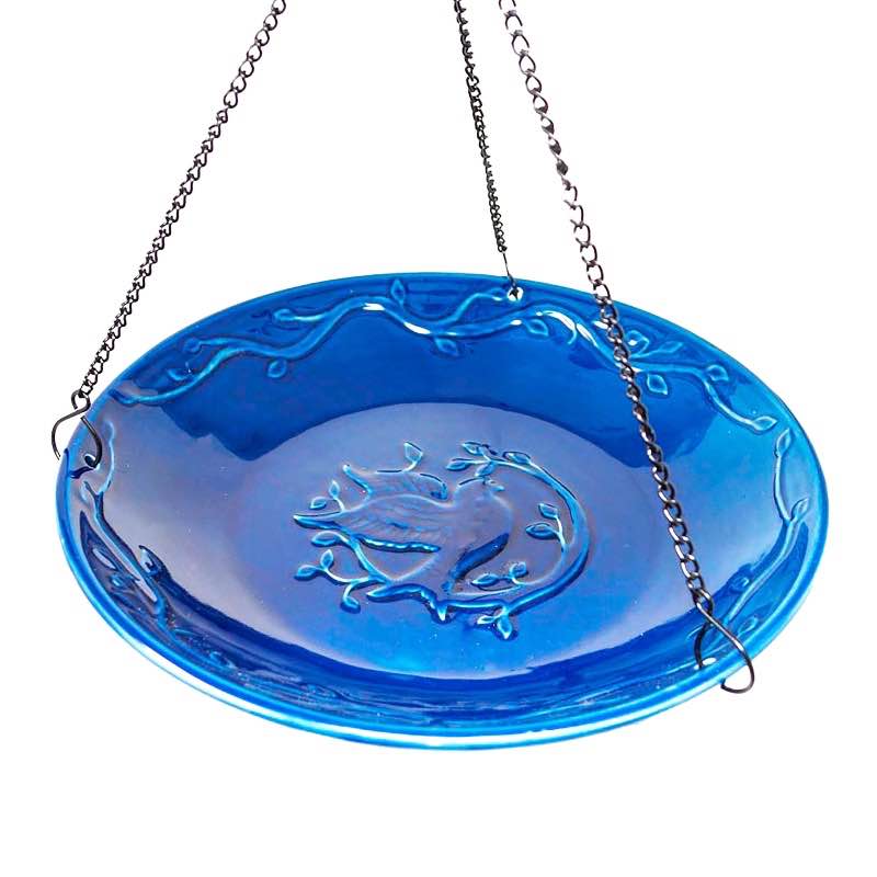 Hanging Blue Glass Birdbath with Songbird Design and Hanging Chain Included - Bluebird