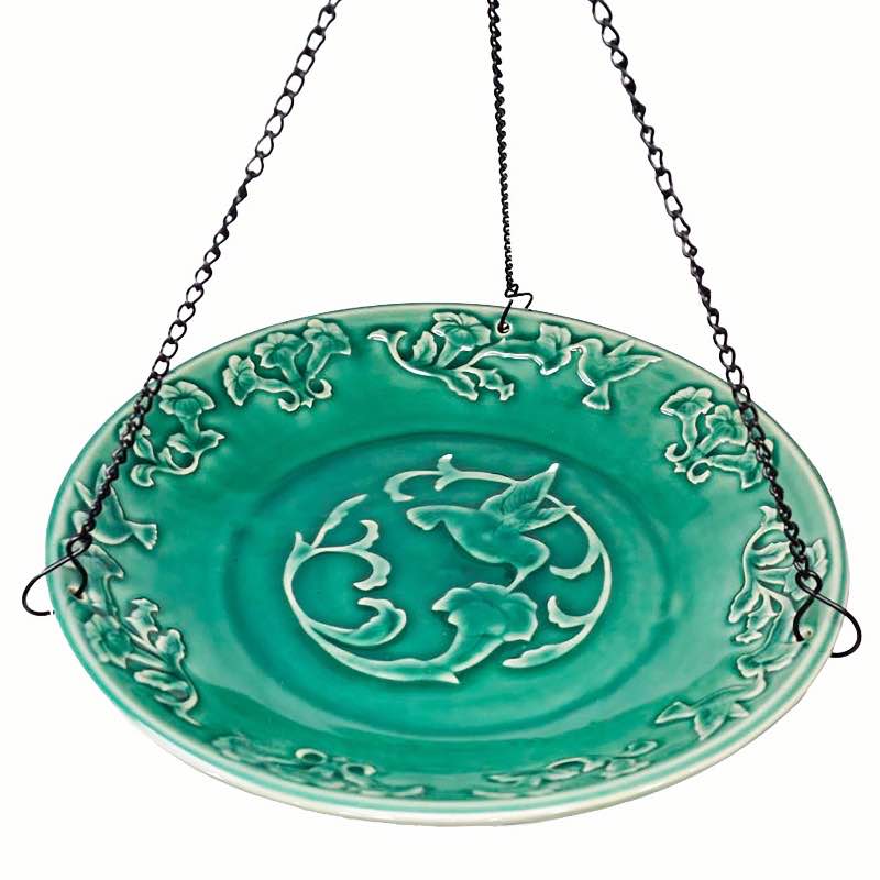 Hanging Blue Glass Birdbath with Songbird Design and Hanging Chain Included - Hummingbird