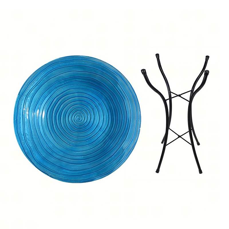 Swirled Textured Blue Glass Birdbath with Metal Stand - Blue