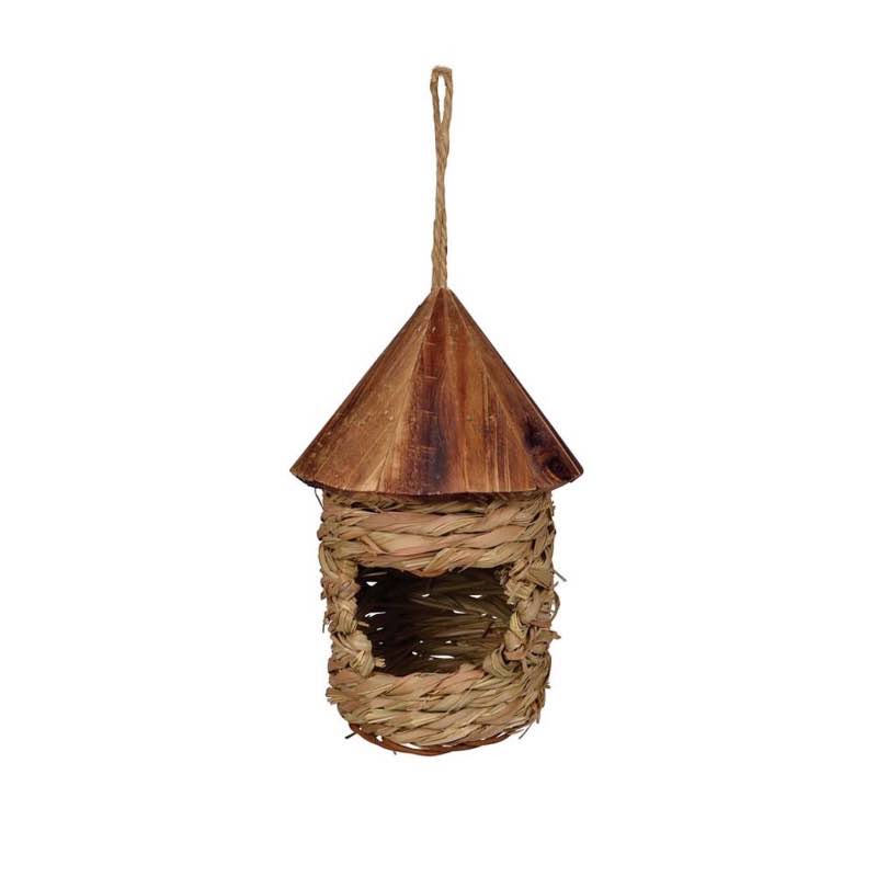 Hanging Grass Twine Roosting Pocket Birdhouse with Cedar Wood Roof