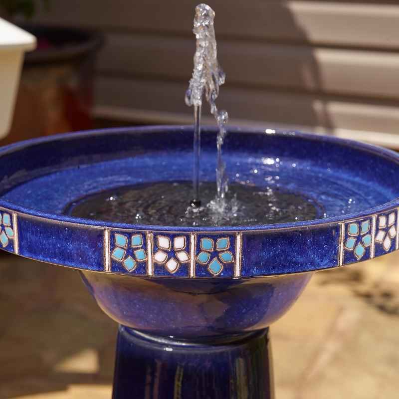 Cobalt Blue Ceramic Solar-Powered Birdbath