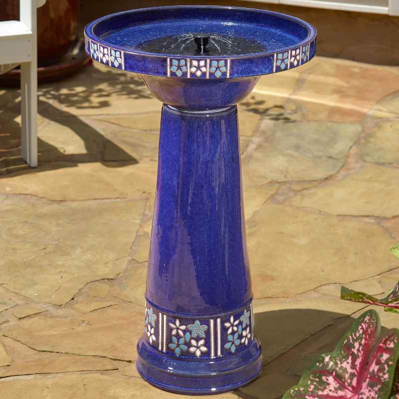 Cobalt Blue Ceramic Solar-Powered Birdbath