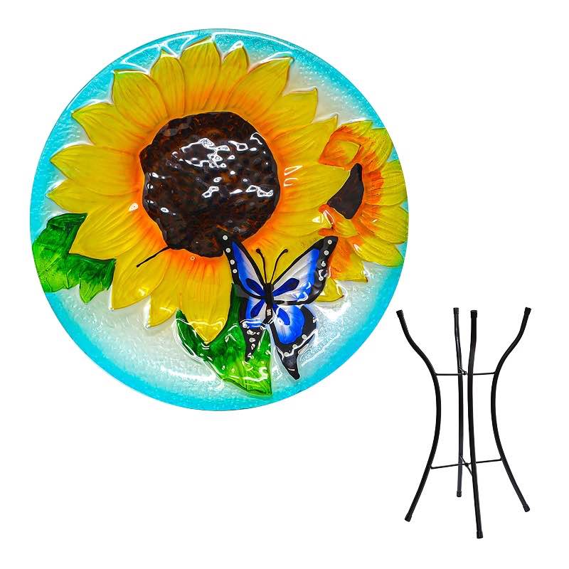 Sunflowers and Butterfly Birdbath with Stand