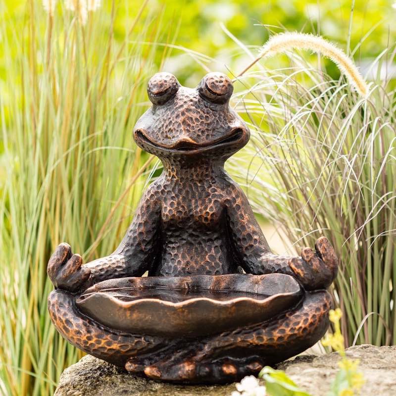 Bronzed Zen Yoga Frog Birdbath/Bird Feeder