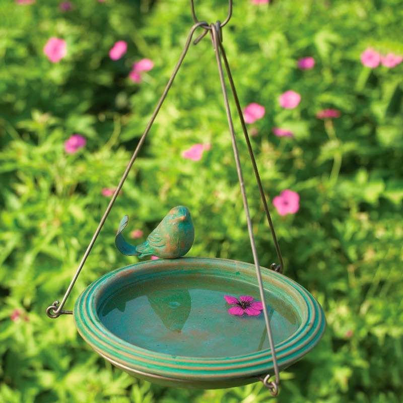 Hanging Birdbath with Bird on Ledge in Teal - Teal