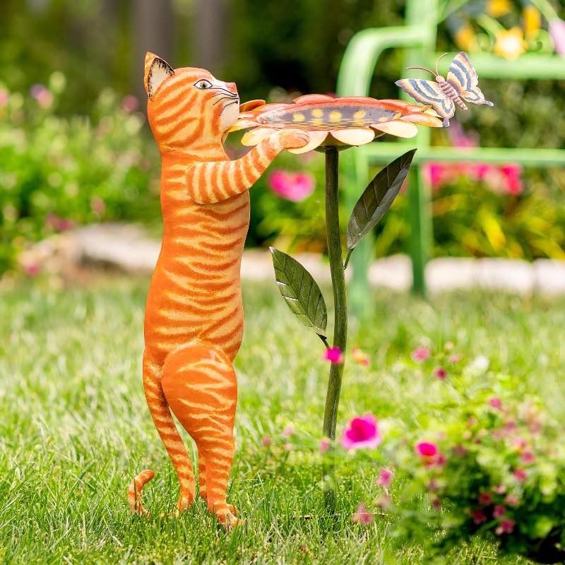 Metal Cat and Sunflower Birdbath