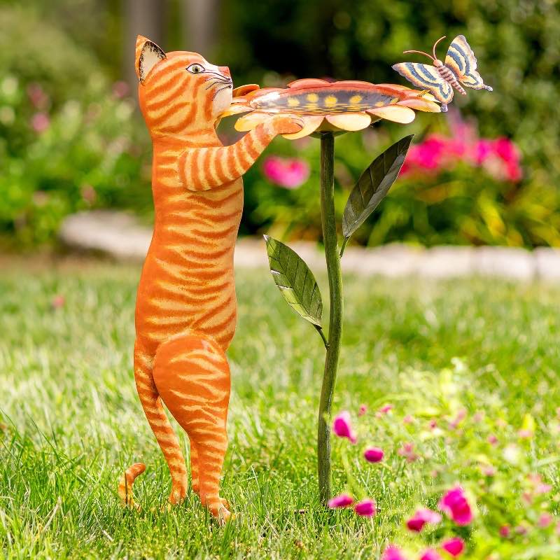 Metal Cat and Sunflower Birdbath