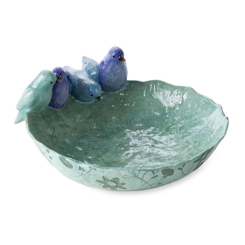 Bluebird Friends Glazed Resin and Stone Birdbath