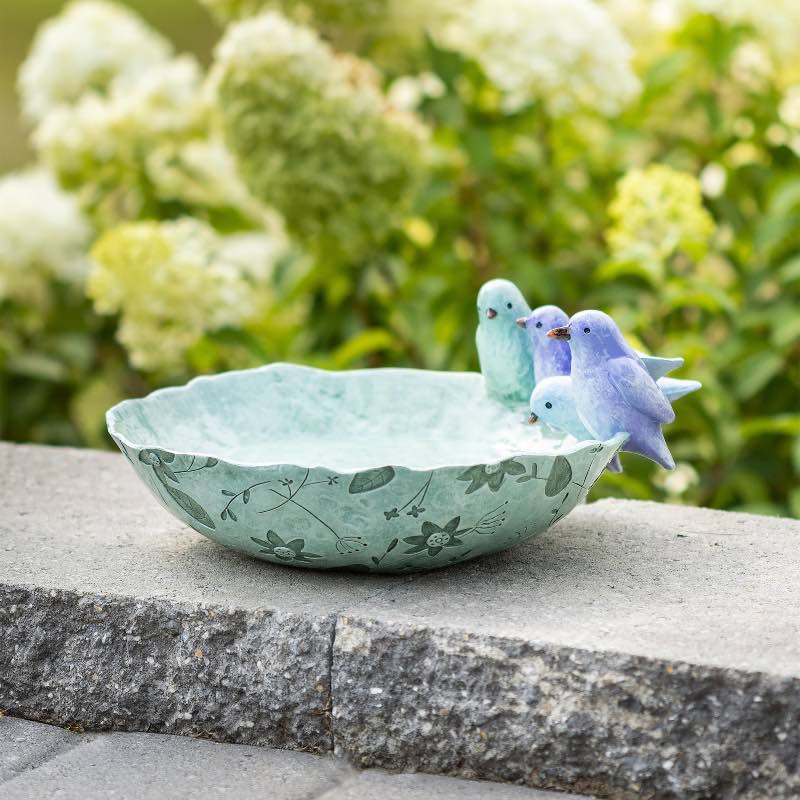 Bluebird Friends Glazed Resin and Stone Birdbath