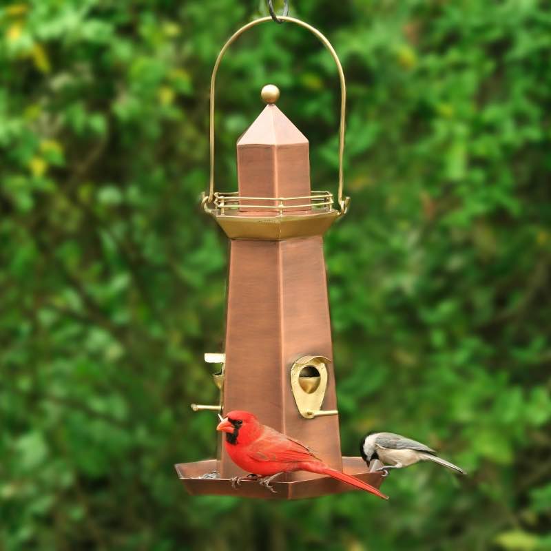 Metal Lighthouse Bird Feeder with Copper and Brass Finish