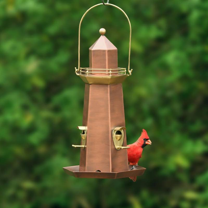 Metal Lighthouse Bird Feeder with Copper and Brass Finish