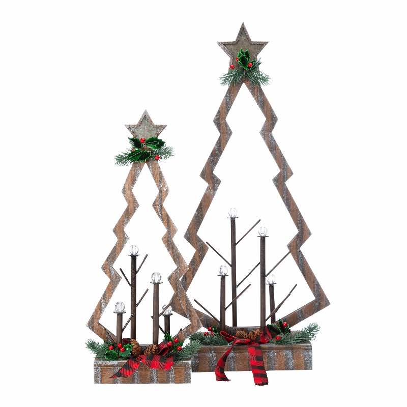 Tabletop Lighted Wooden Christmas Trees, Set of 2