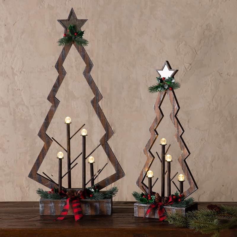 Tabletop Lighted Wooden Christmas Trees, Set of 2