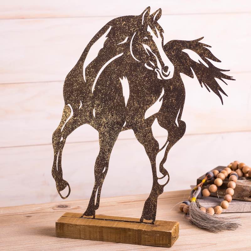 Iron Horse Silhouette on Wooden Stand