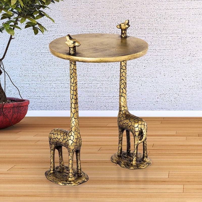 Handcrafted Golden-Colored Aluminum Giraffe Pair End Table