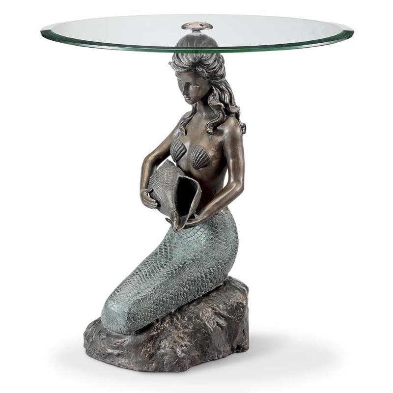 Cast Aluminum Mermaid Table in Bronze and Patina Finish with Round Glass Top