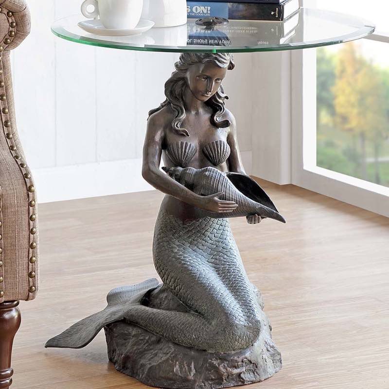 Cast Aluminum Mermaid Table in Bronze and Patina Finish with Round Glass Top